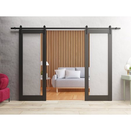 Sartodoors Sturdy Double Barn Door 64 x 80in, Lucia 2166 Matte Black Clear Glass, 13FT Rail Hangers Heavy Set LUCIA2166DB-BLK-64